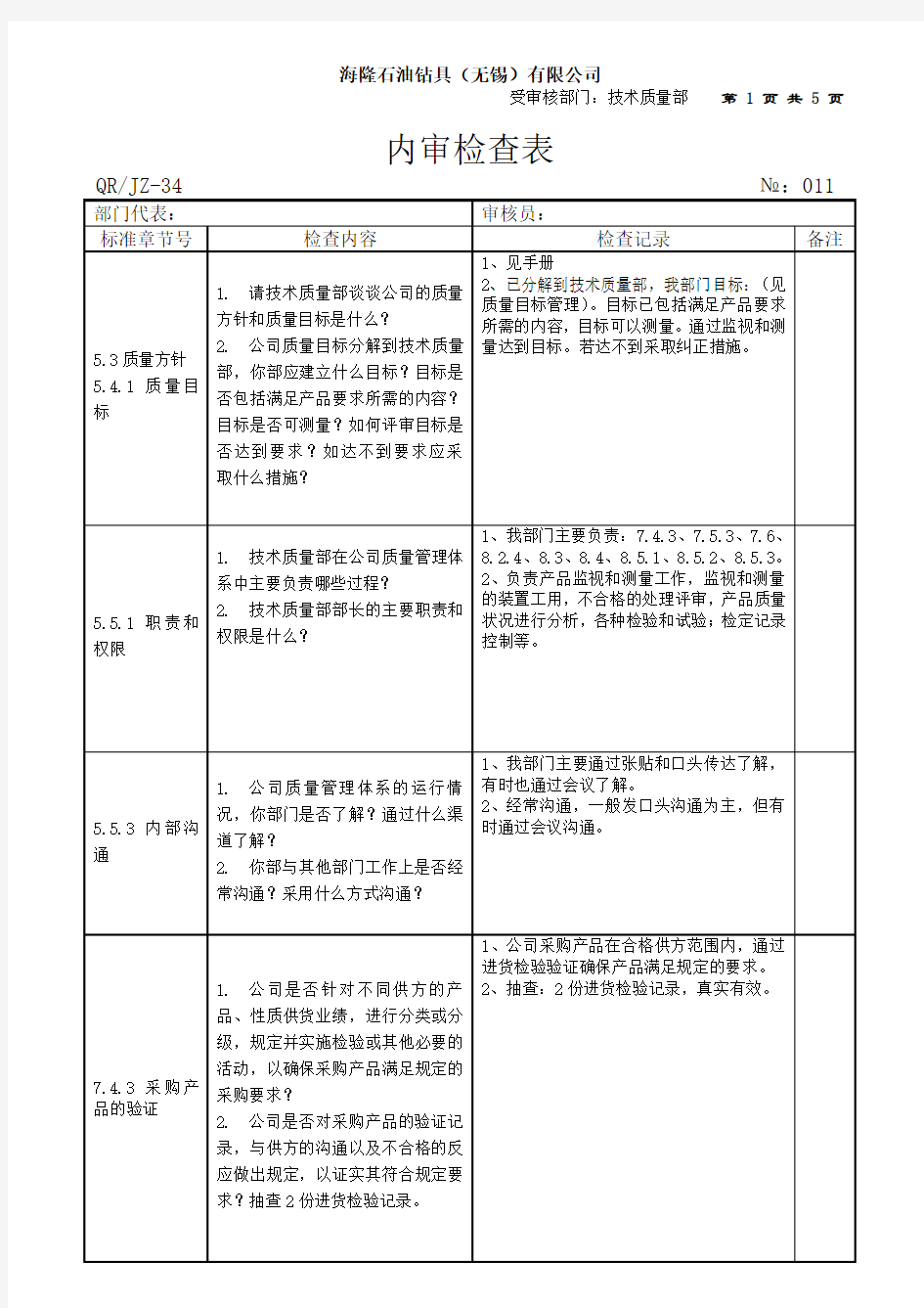 技术部内审检查表