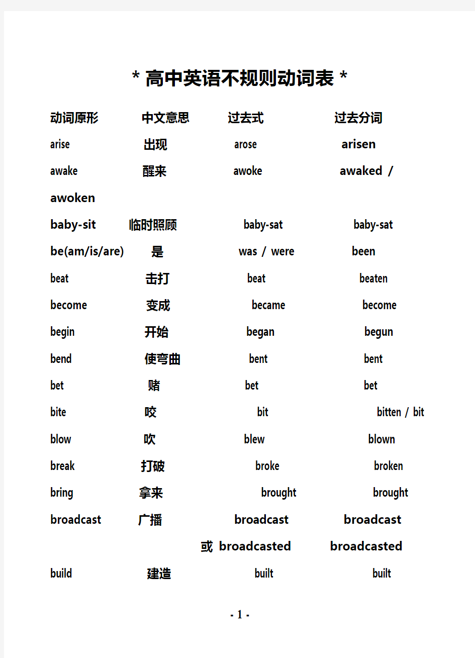 高中的英语不规则动词过去式和过去分词表格格