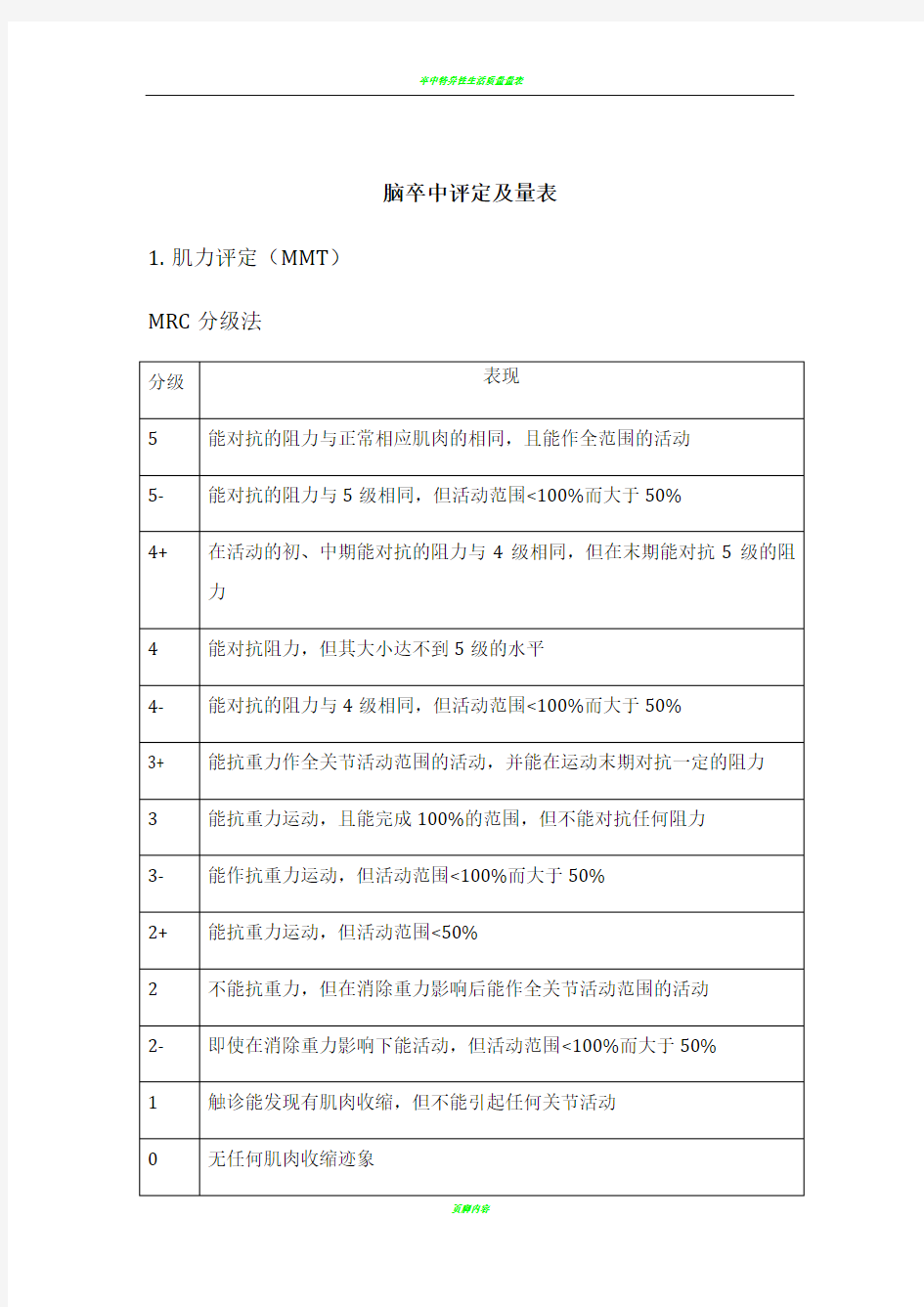 脑卒中康复评定及量表