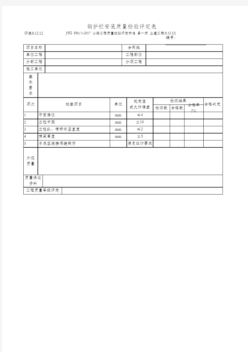 8.12.12 钢护栏安装质量检验评定表