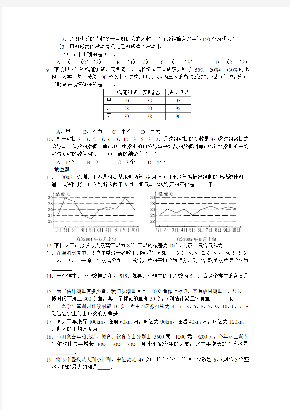 人教版初中数学八年级下册同步练习题 第二十章 数据的分析周周测4(全章)