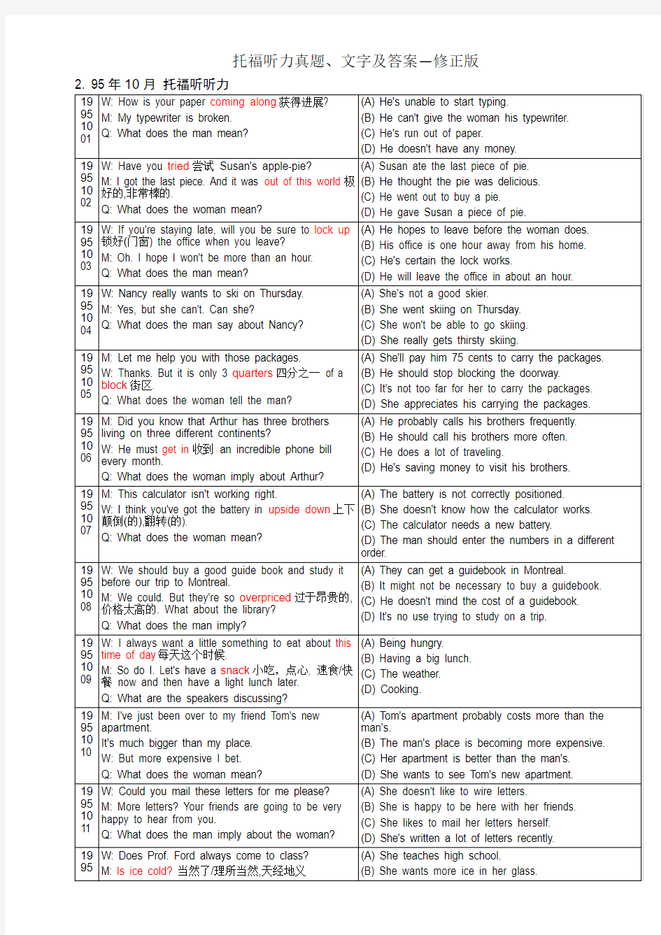 2. 95年10月 托福听力真题、文字及答案-修正版