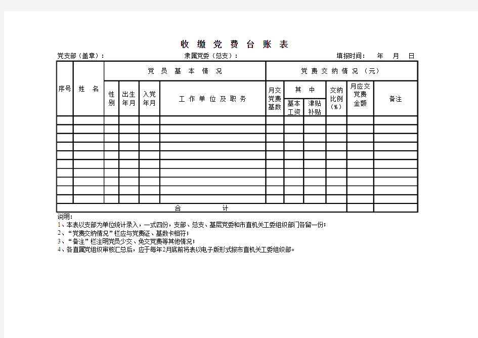 收缴党费台账表