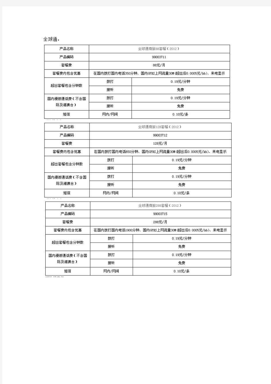 中国移动全球通套餐资费明细表