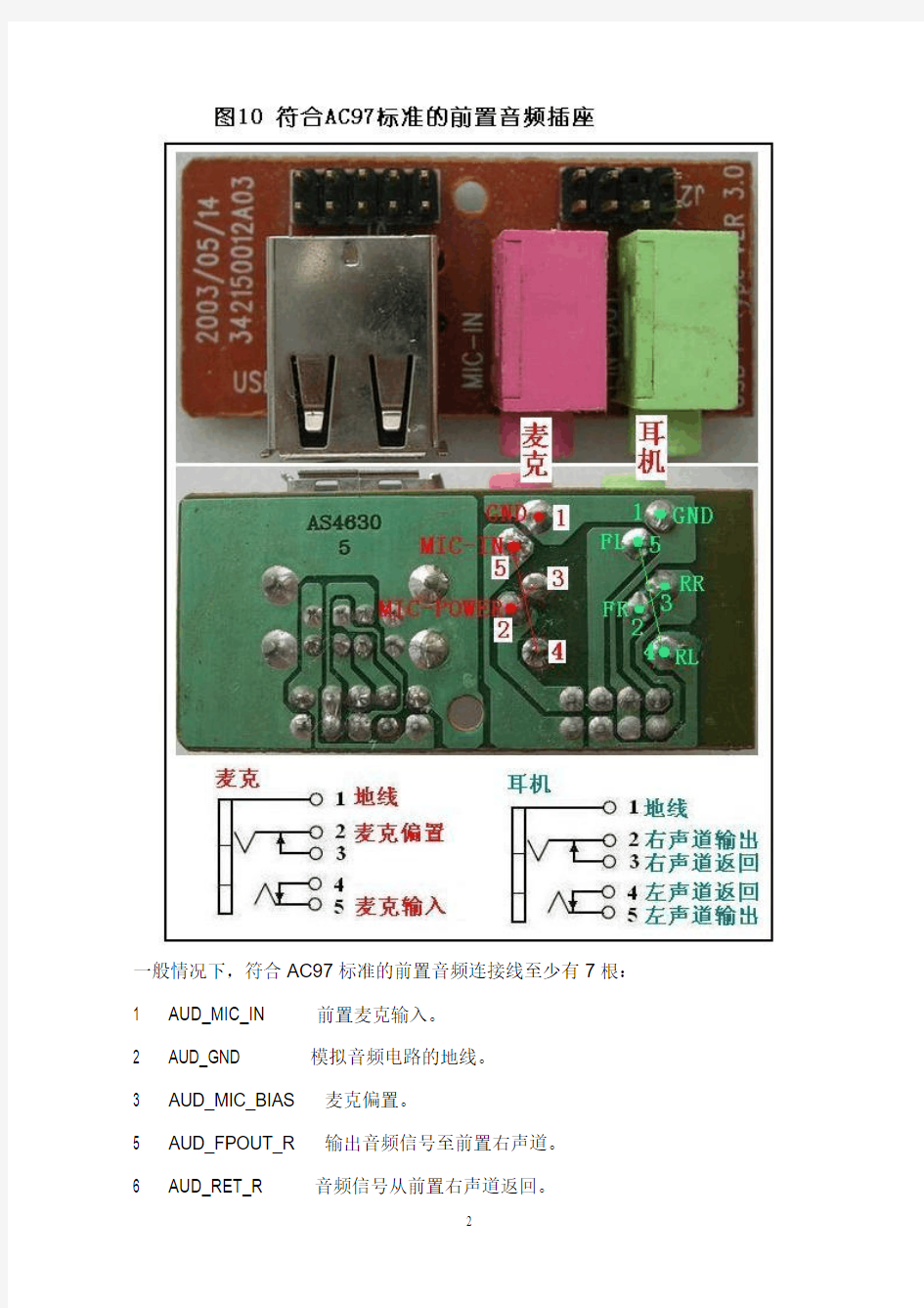 主板前置音频连接座和针脚定义