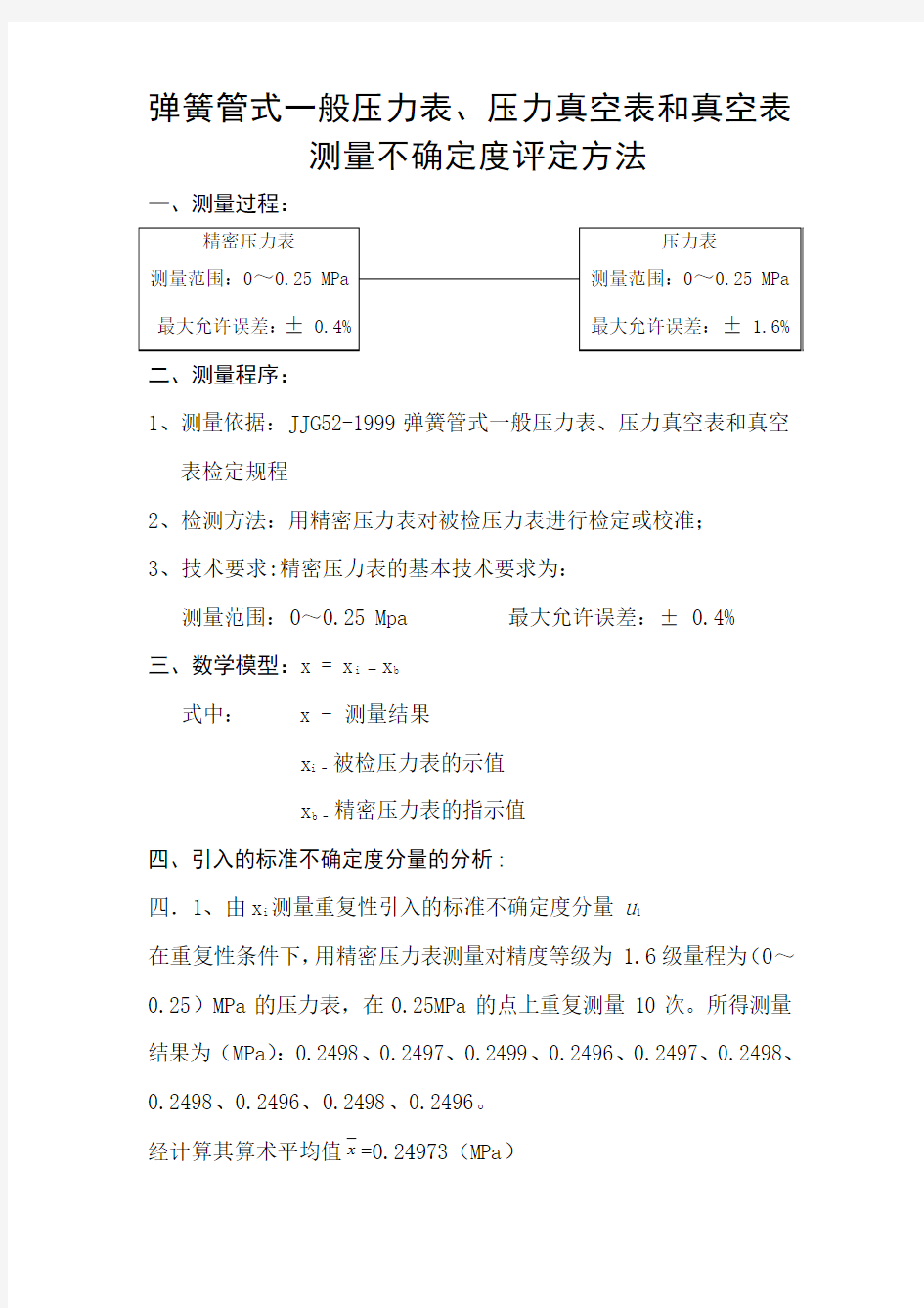 0-0.25弹簧管式一般压力表、压力真空表和真空表测量不确定度评定方法