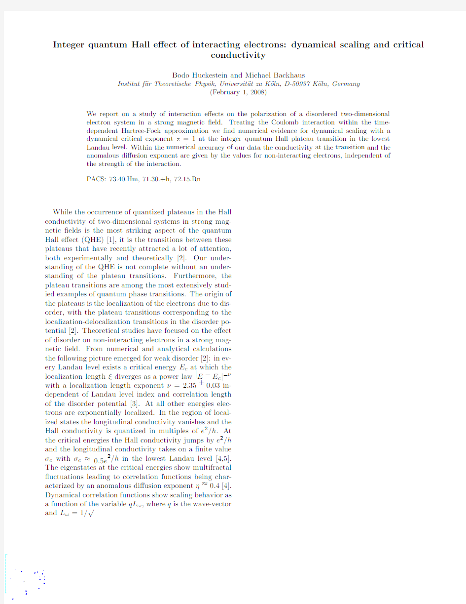 Integer quantum Hall effect of interacting electrons dynamical scaling and critical conduct