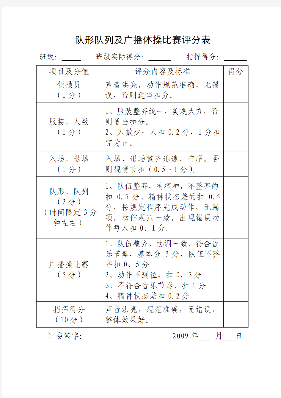 队形队列及广播体操比赛评分表