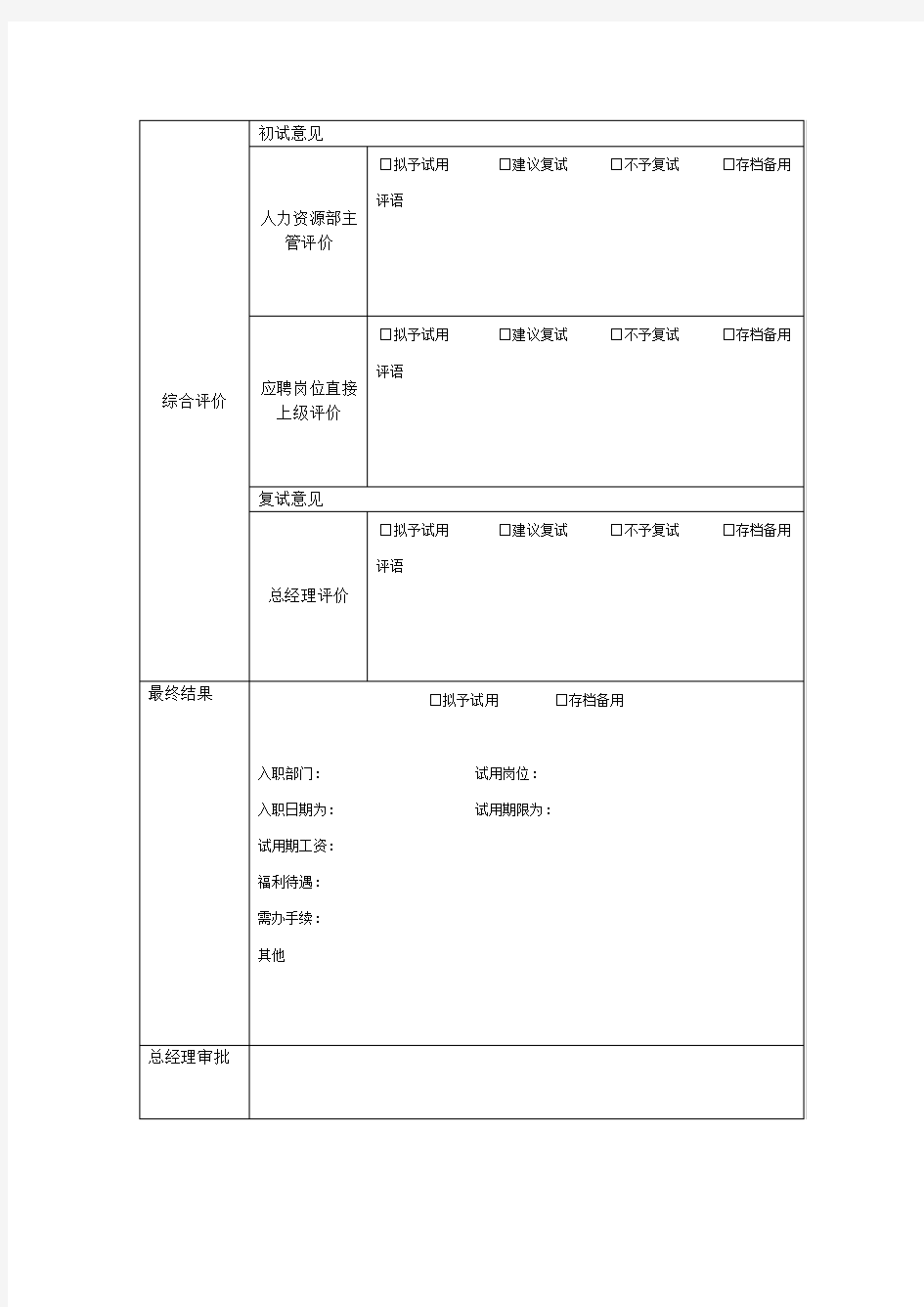 人力资源部面试评估表