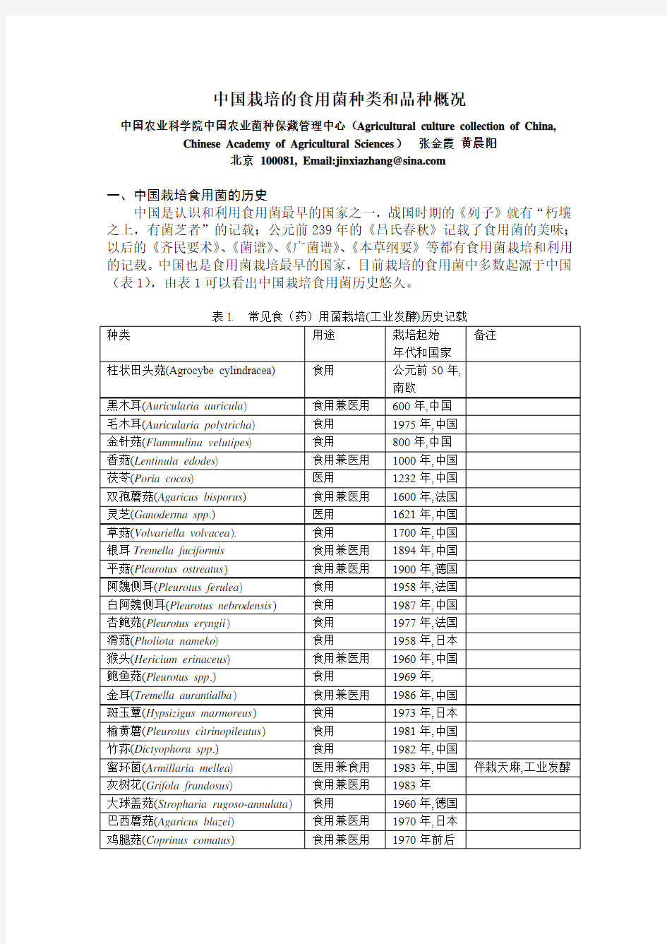 中国栽培的食用菌种类和品种概况