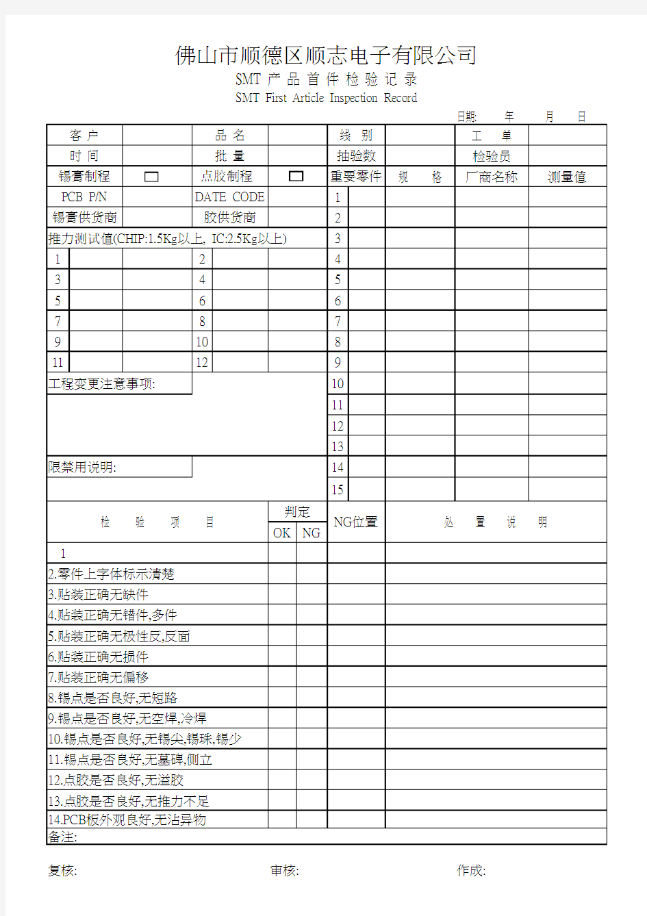 SMT产品首件检验记录表