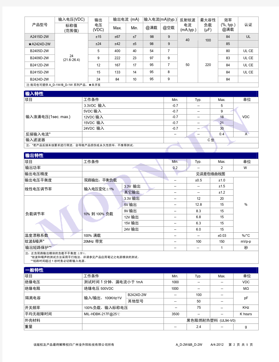 金升阳MORNSUN隔离电源AD_-2W_B_D-2W系列中文技术手册