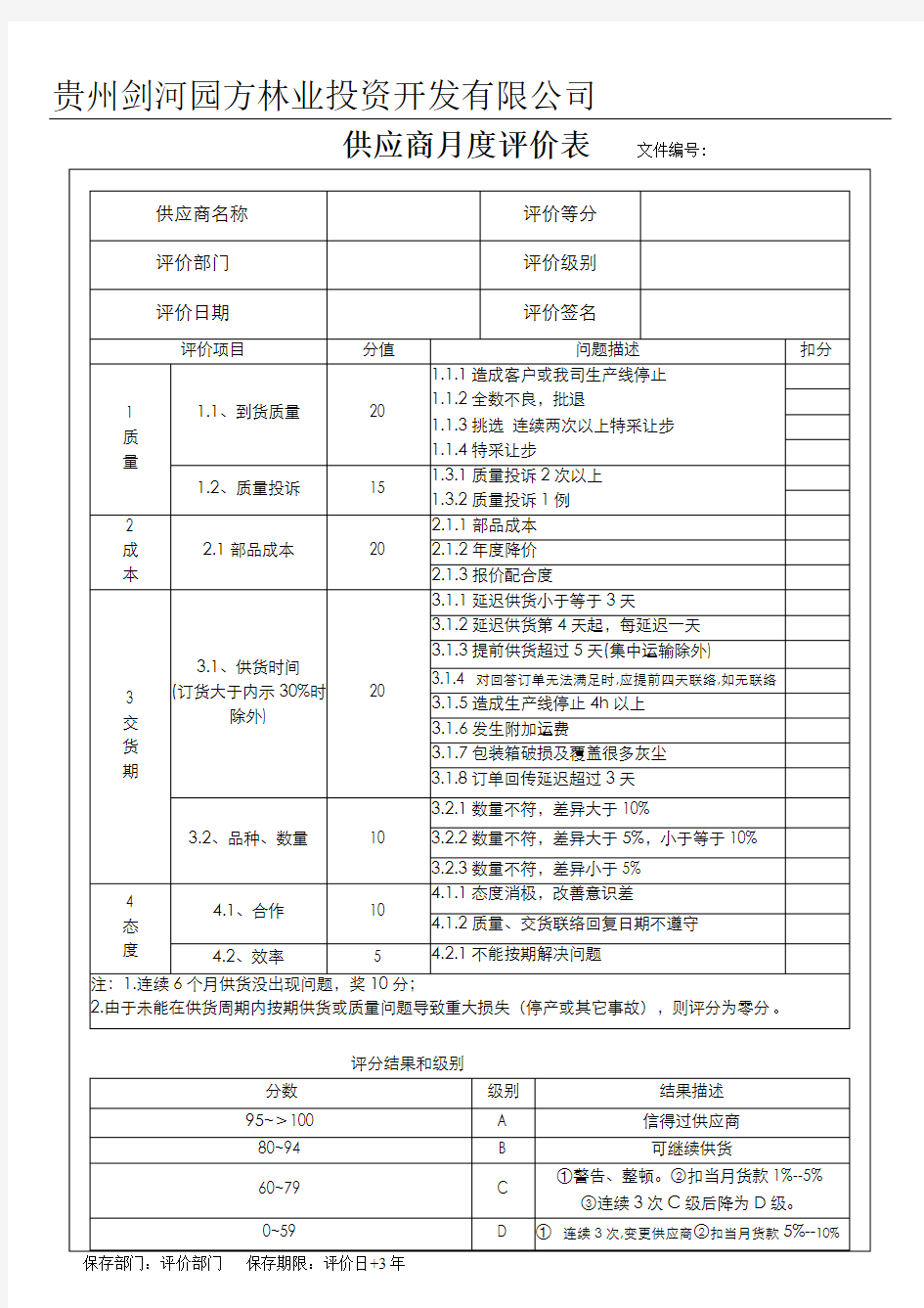 《供应商月度评价表》