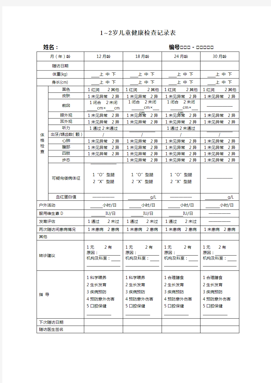 1～2岁儿童健康检查记录表