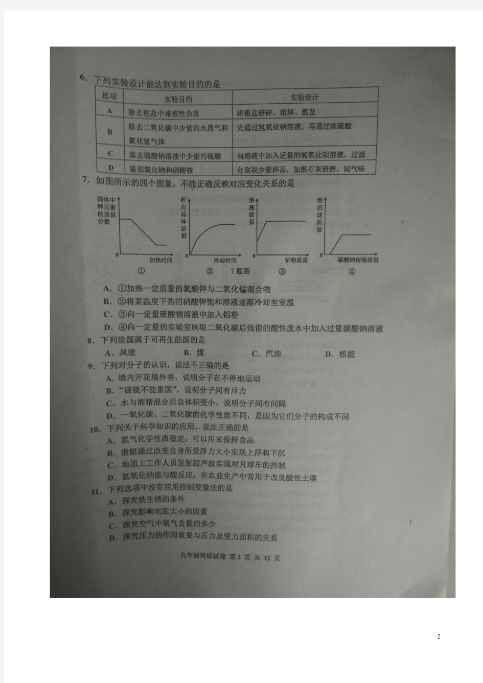 河北省唐山市路南区2016届九年级理综下学期第一次模拟试题