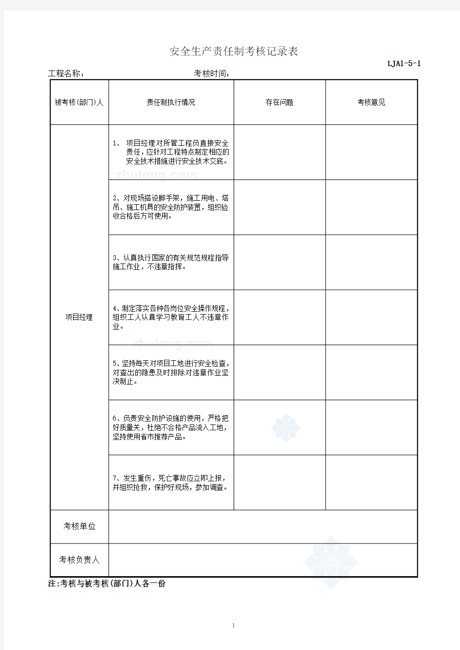 安全生产责任制考核记录表