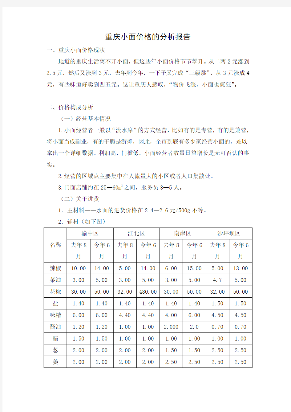 重庆小面价格的分析报告