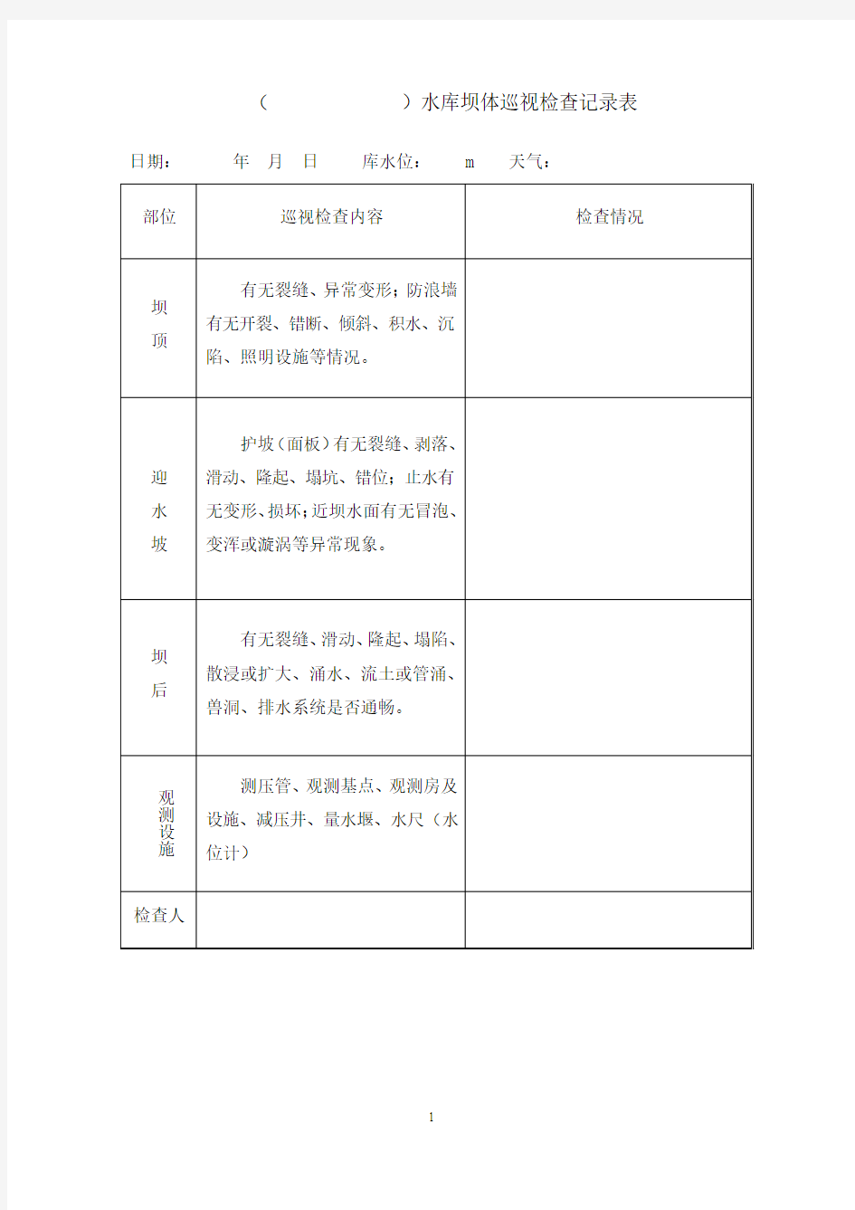 水库坝体巡视检查记录表