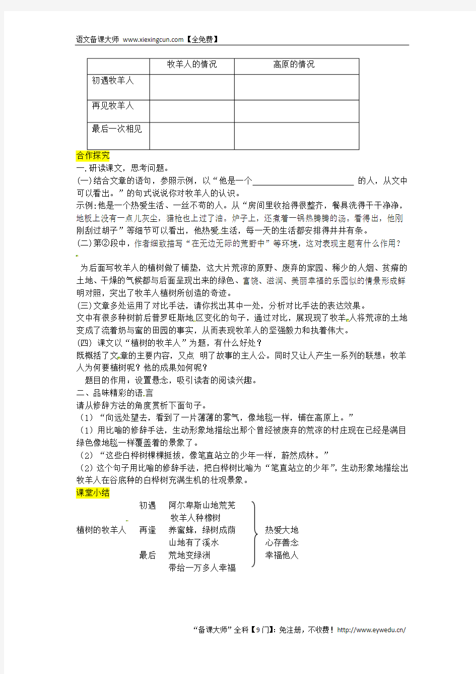 13《植树的牧羊人》优秀导学案(含答案)【人教部编版】2018年秋七上语文：