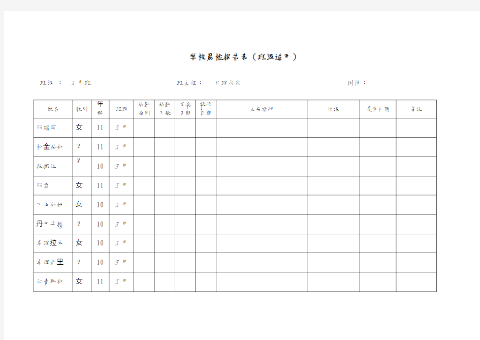 学校晨检记录表(班级汇总)