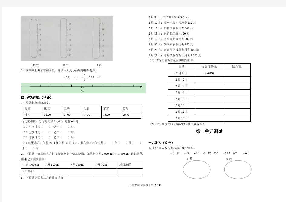 人教版小学数学六年级下册各单元测试卷及答案(全册)