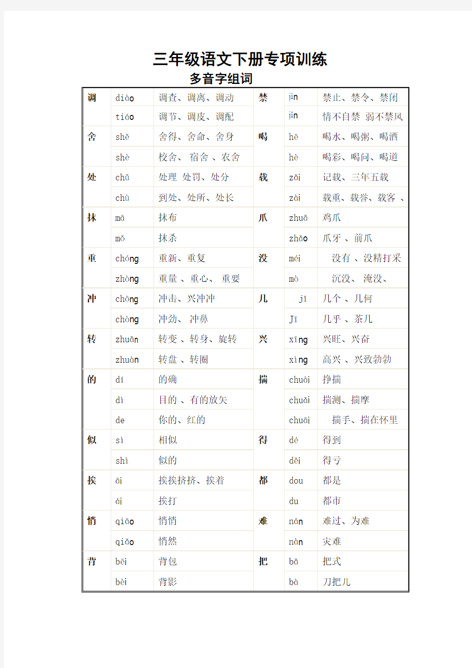 部编版三年级下册语文多音字组词汇总 