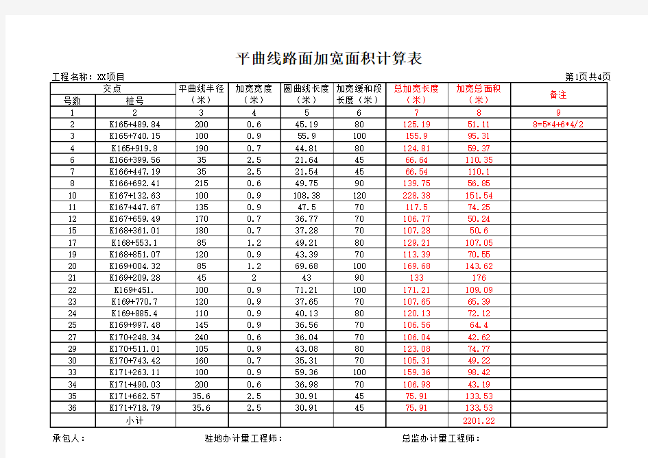 道路平曲线加宽面积计算表