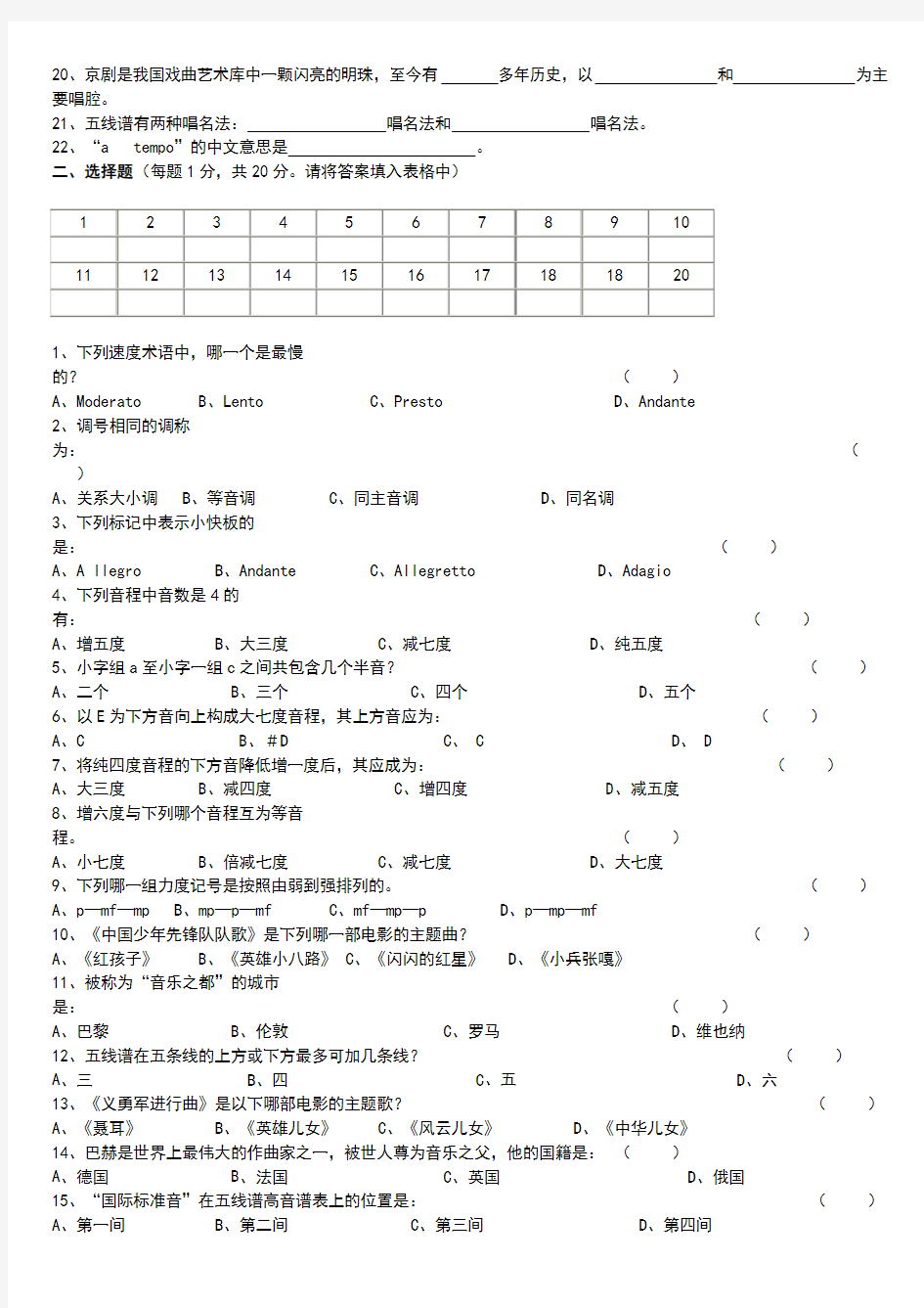 2020年初中教师招聘考试音乐试题及参考答案