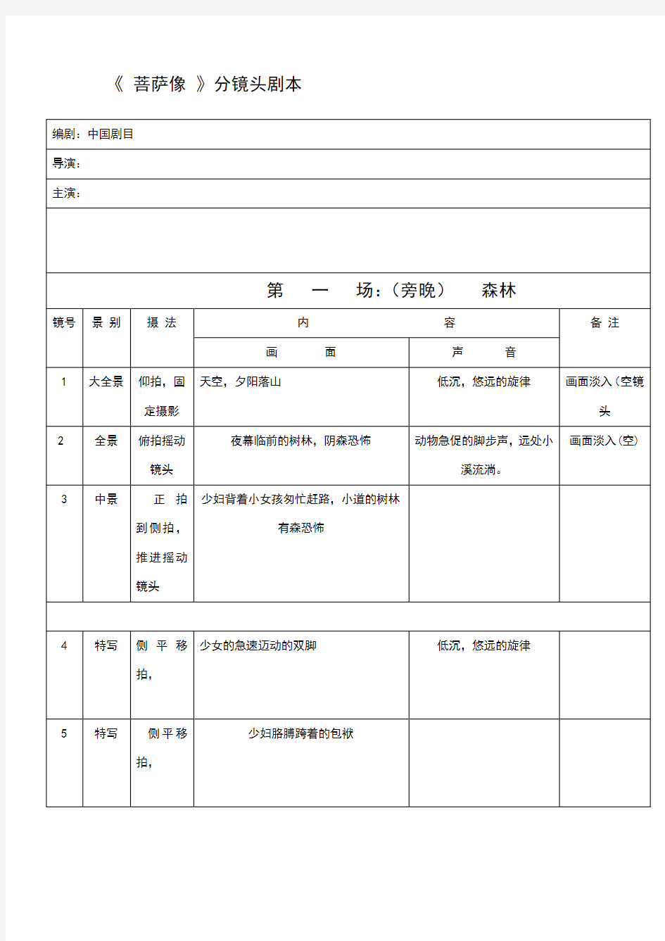 分镜头脚本表格 ——示例