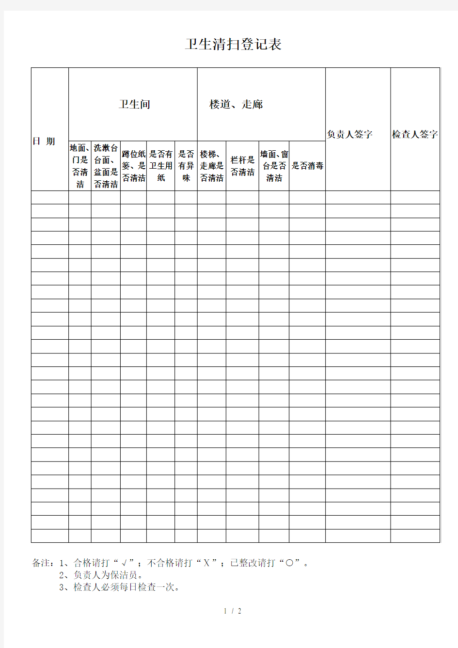 卫生清扫登记表