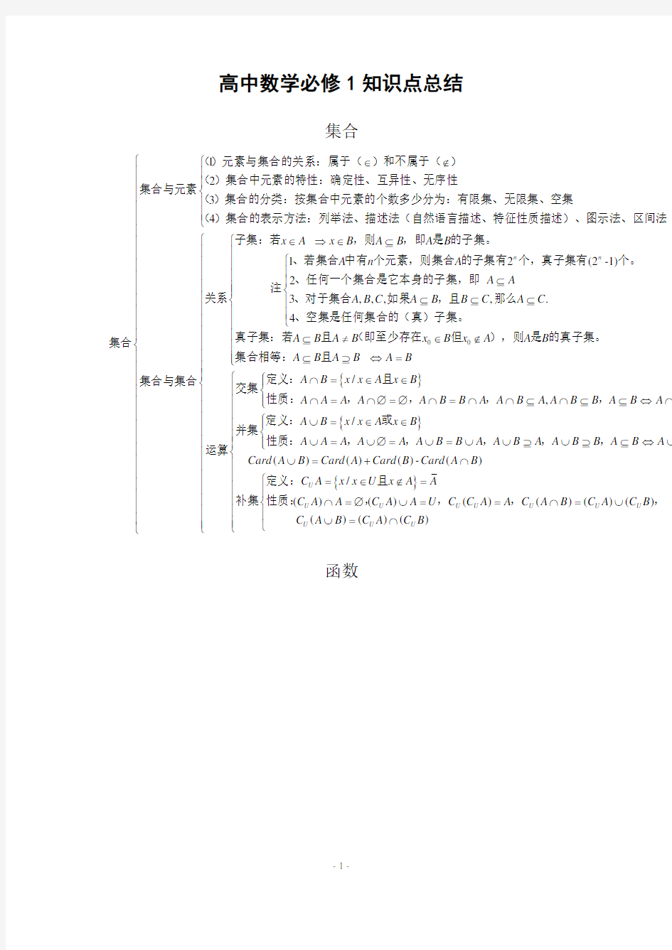 高中数学必修一知识点总结完整版教学教材