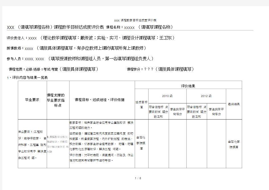 XXX课程教学目标达成度评价表