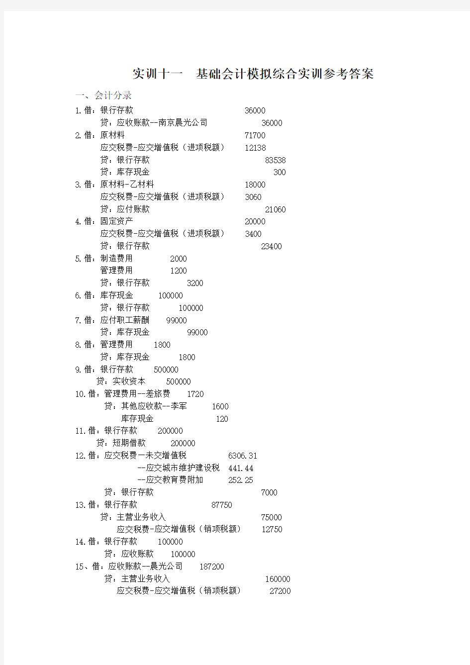 基础会计综合实训会计分录