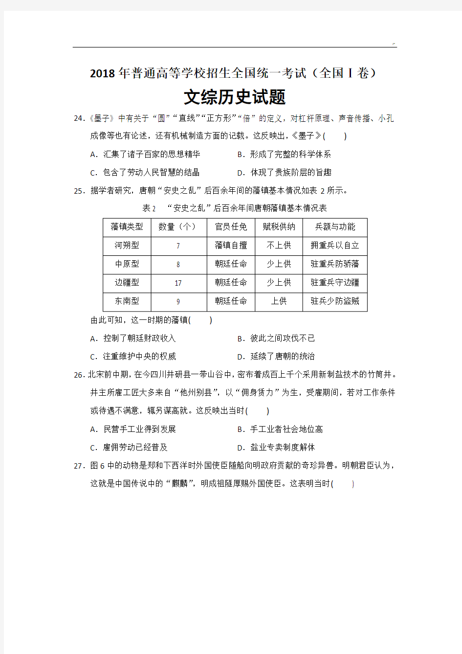 2018年度高考文综历史全国卷I卷