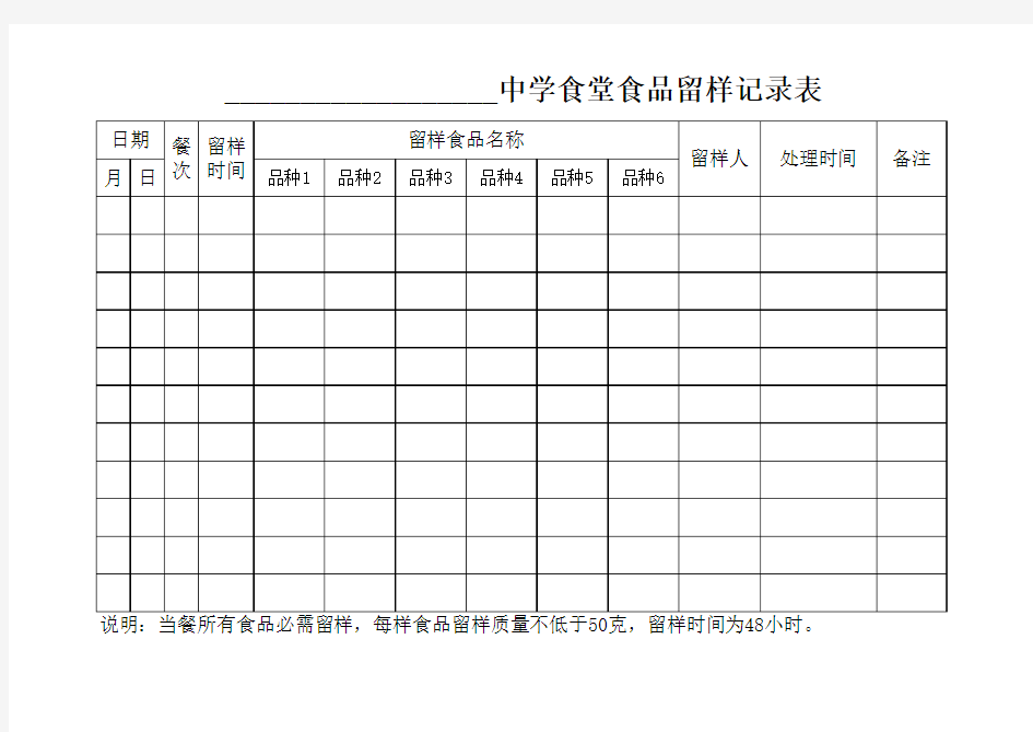 中学食堂食品留样记录表