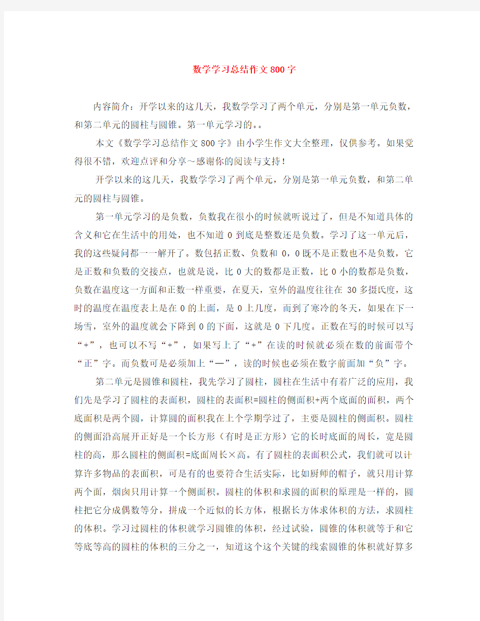 数学学习总结作文800字