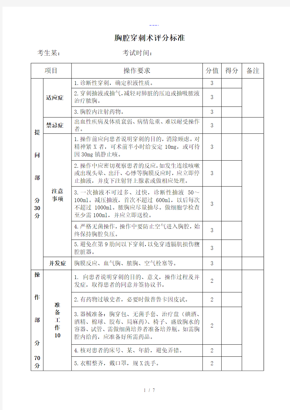 四大穿刺术评分标准