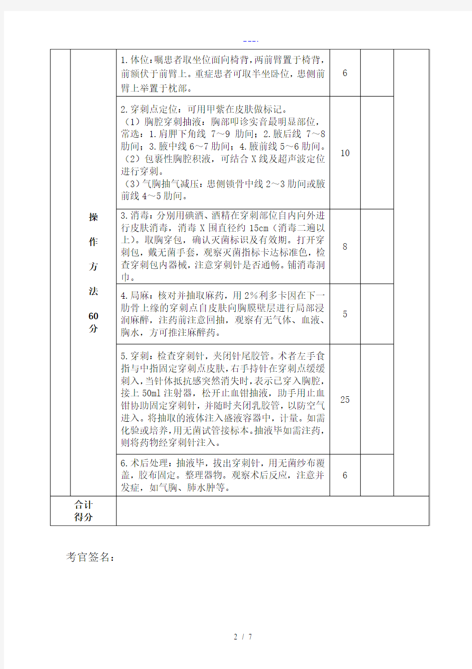 四大穿刺术评分标准