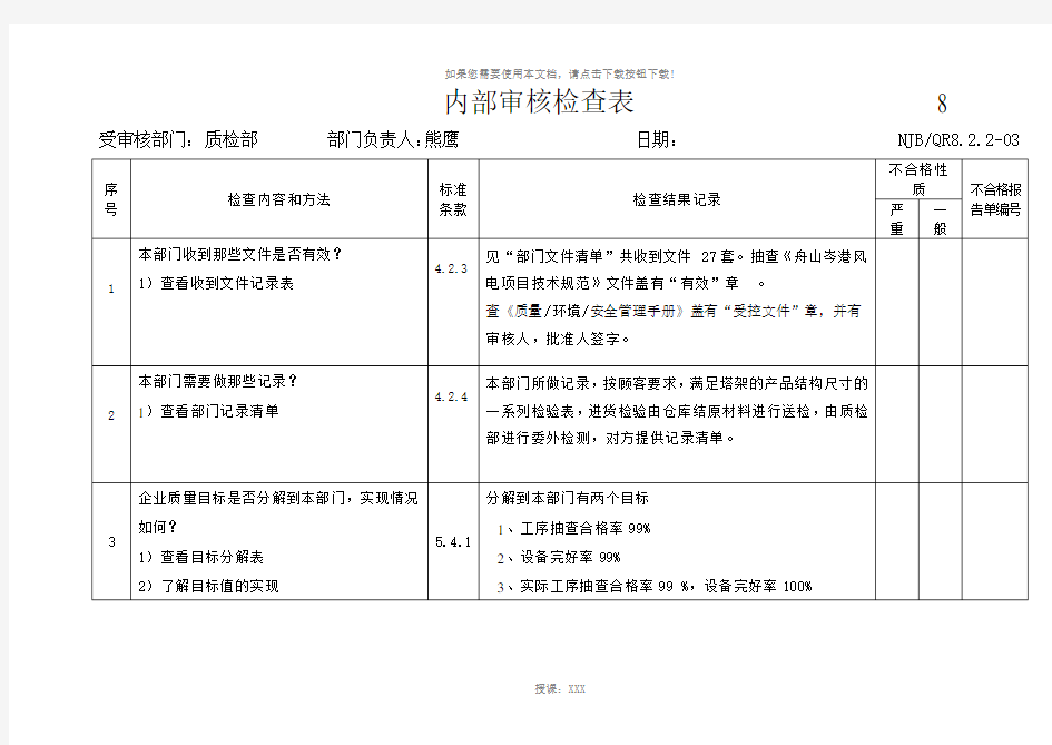 质量内部审核检查表