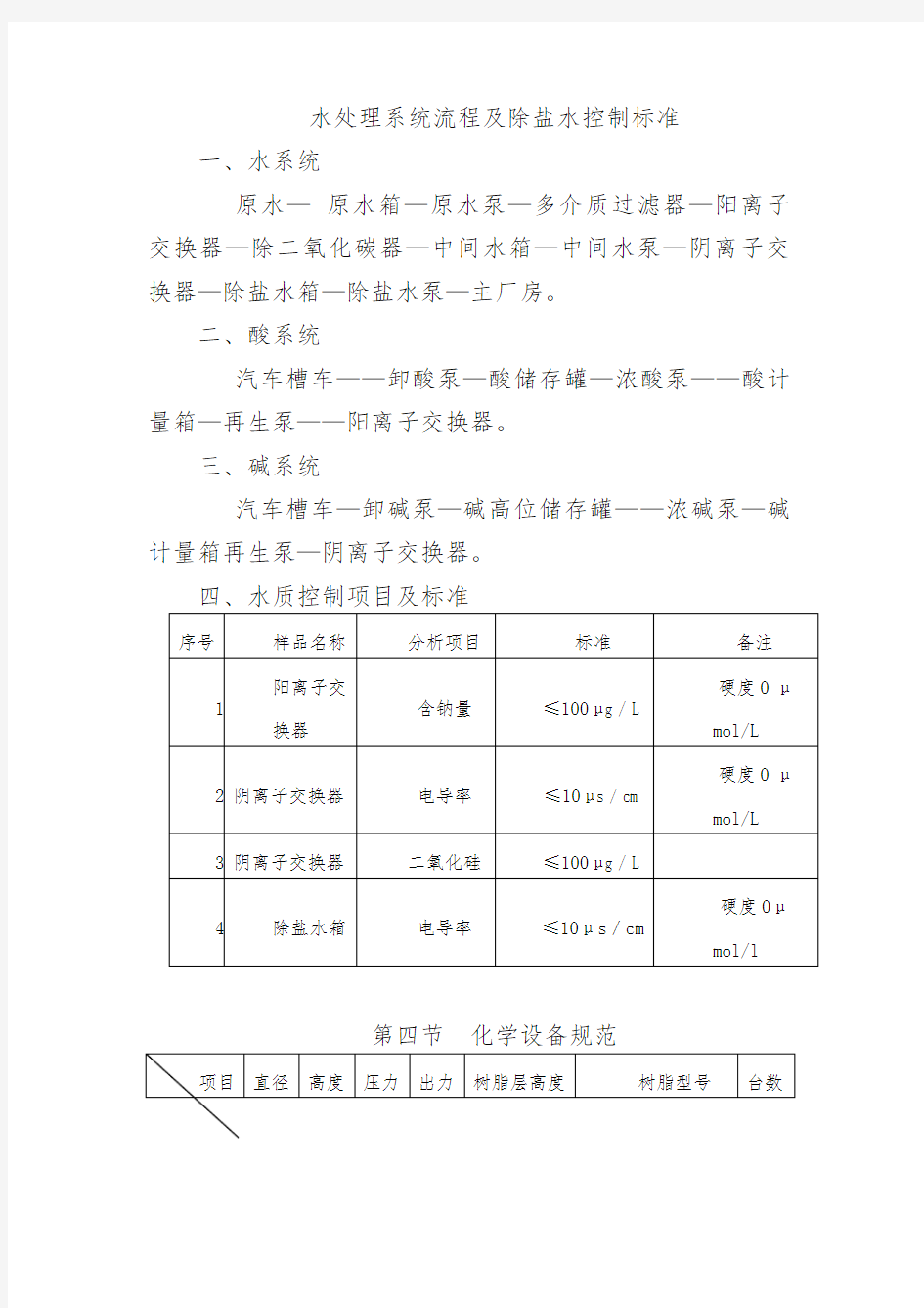 水处理系统流程及除盐水控制标准