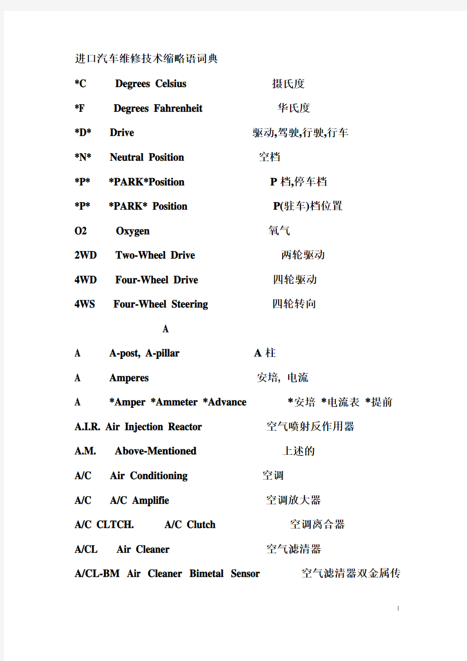 汽车专业英语 缩写大全