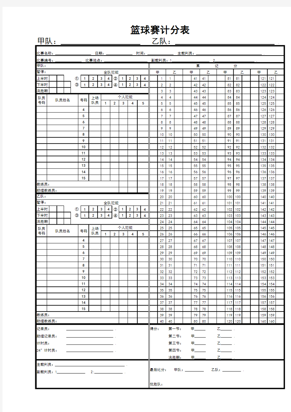 篮球赛计分表实用表格