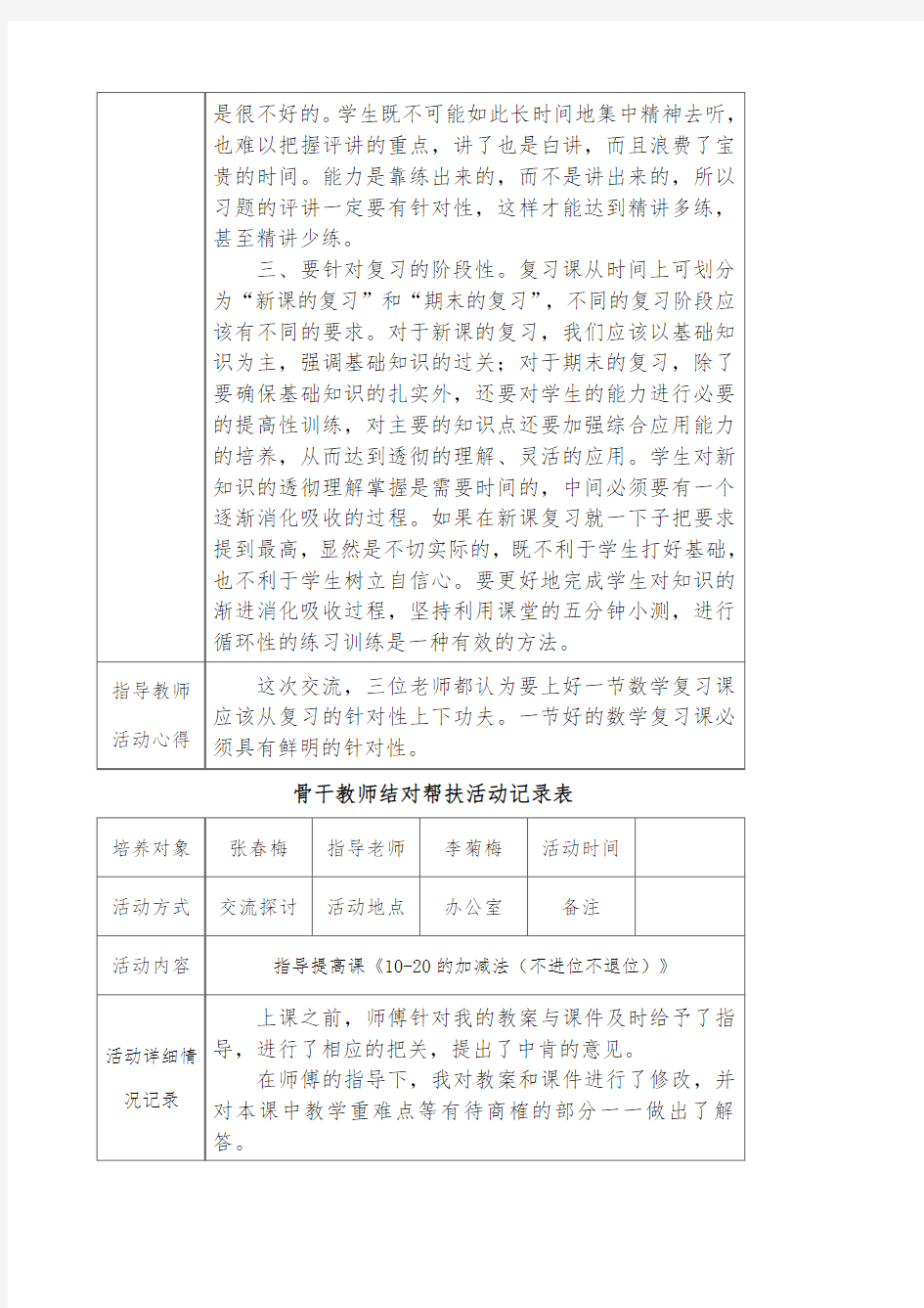 骨干教师结对帮扶活动记录表