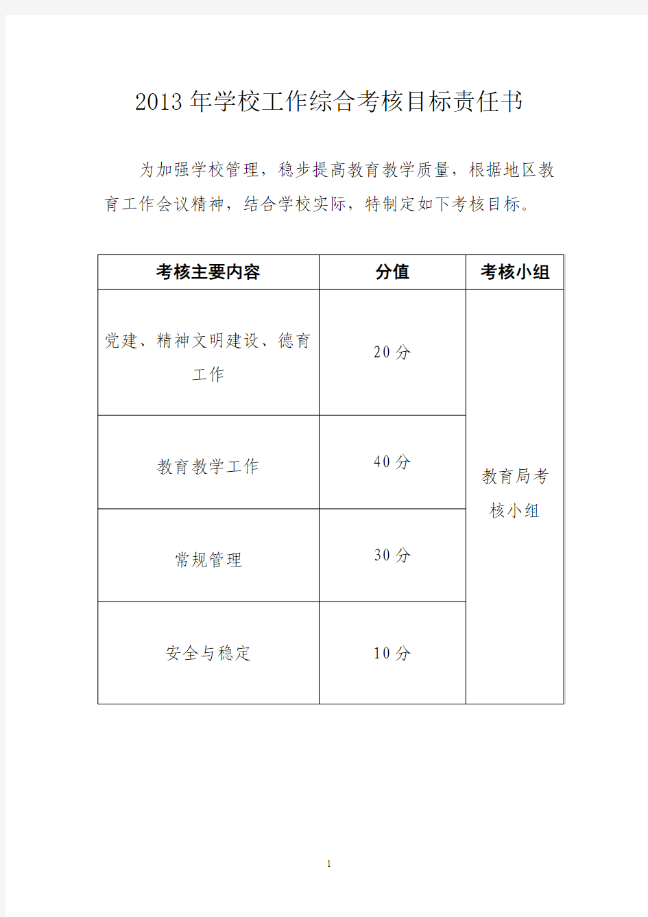 2013年学校工作综合考核目标责任书及考核细则