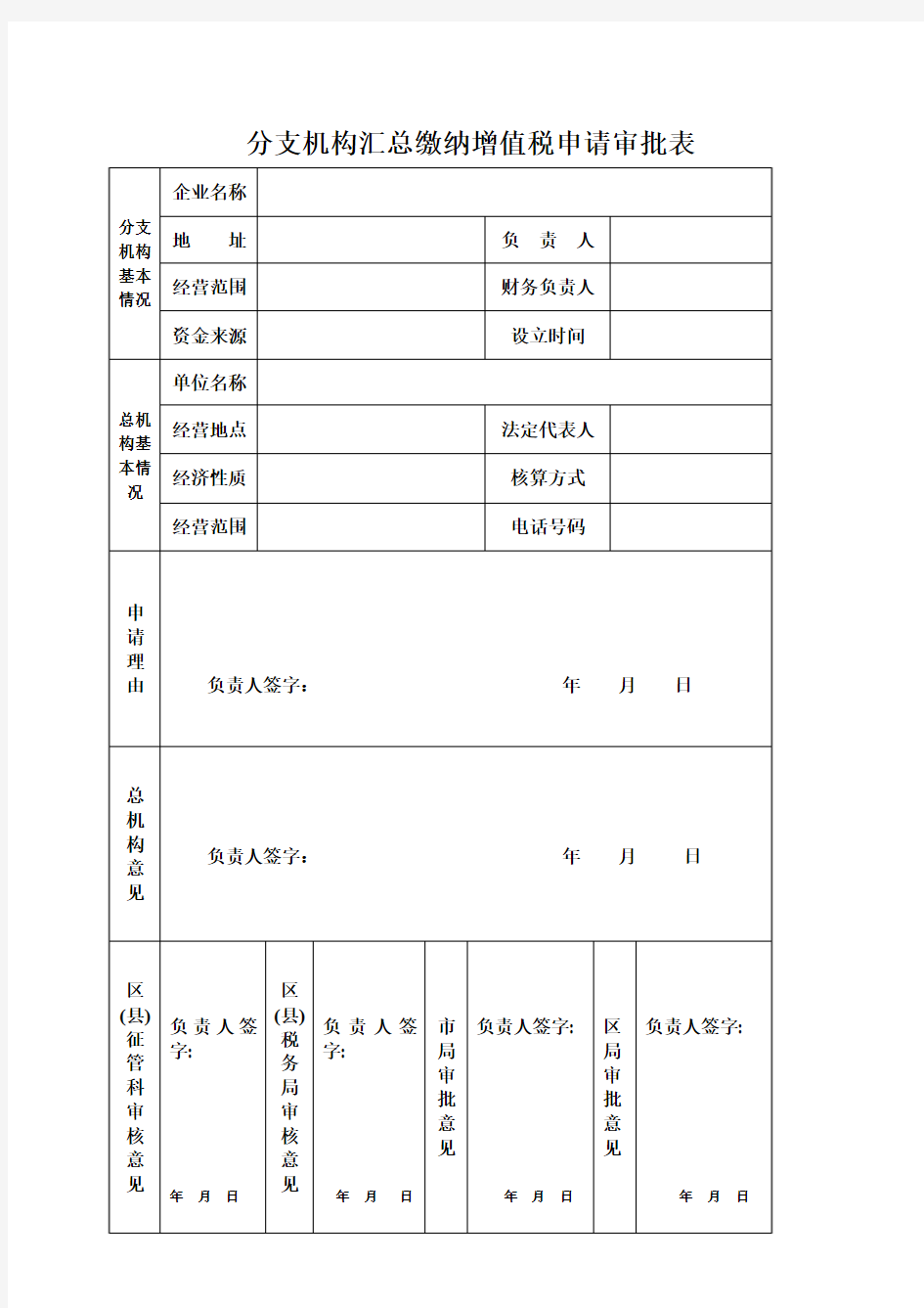 分支机构汇总缴纳增值税申请审批表(区局)