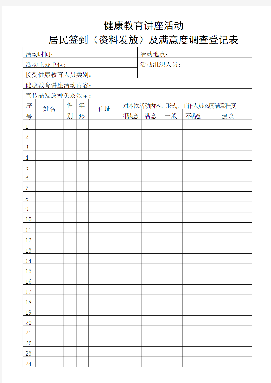 健康教育讲座活动 居民签到(资料发放)及满意度调查登记表