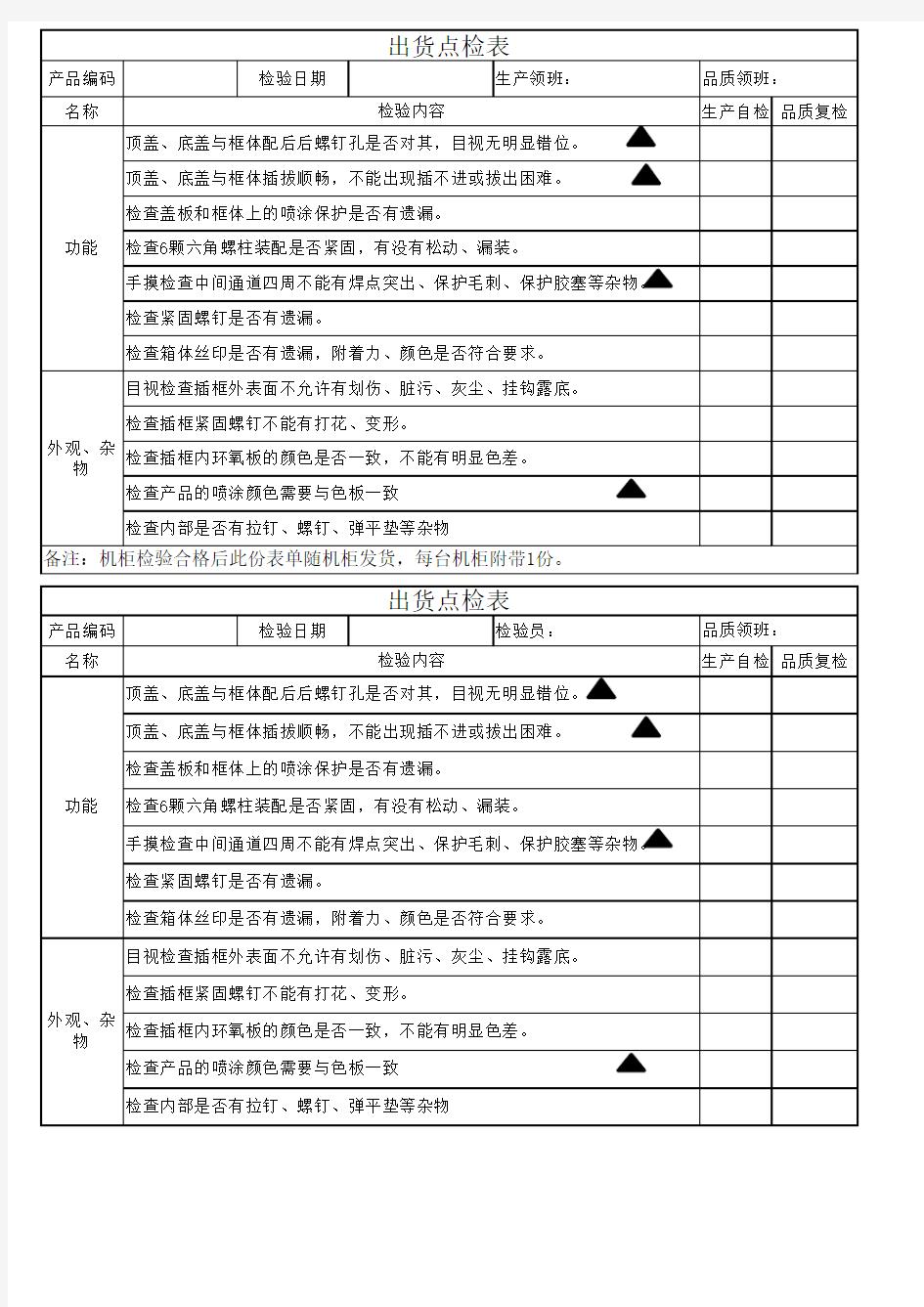 科陆机箱出货检查表