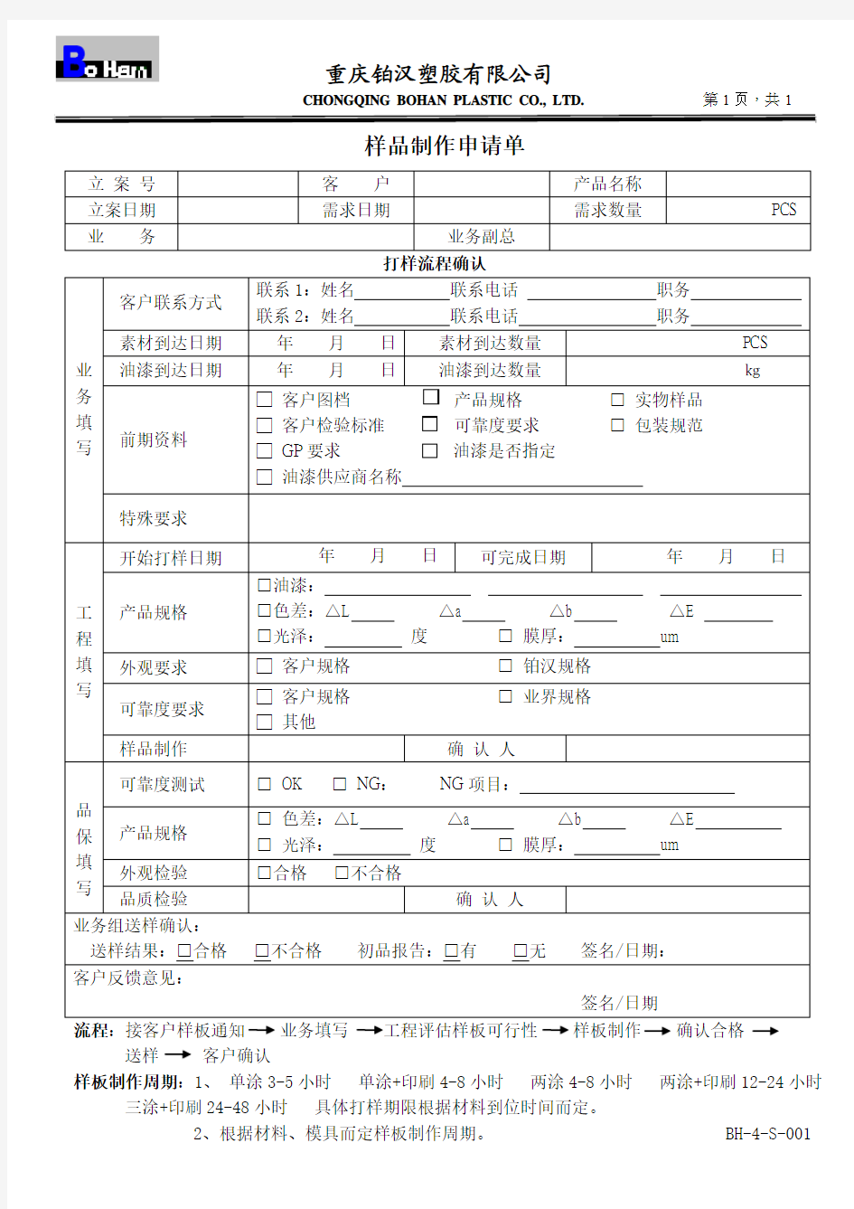 样品制作申请单