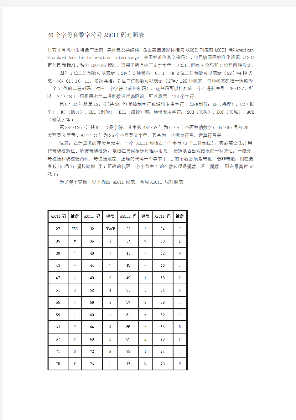 26个字母和数字符号ASCII码对照表