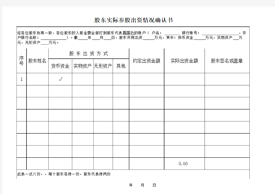 股东实际出资情况确认书